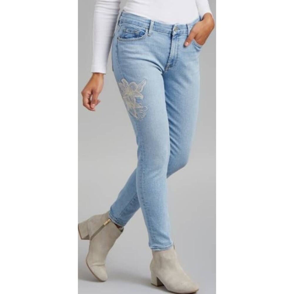 7 For All Mankind Jen7 Skinny Ankle Jeans Women's 18 Light Wash Floral Applique